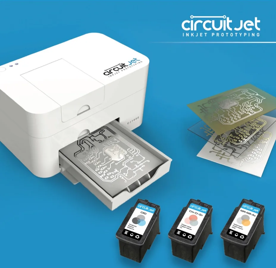 CircuitJet I: the original portable inkjet PCB printer with a printed-circuit substrate emerging from its tray, alongside the three Electroninks ink cartridges (CRD, Cm-Cr-Sn, NiM-NiR-Au)