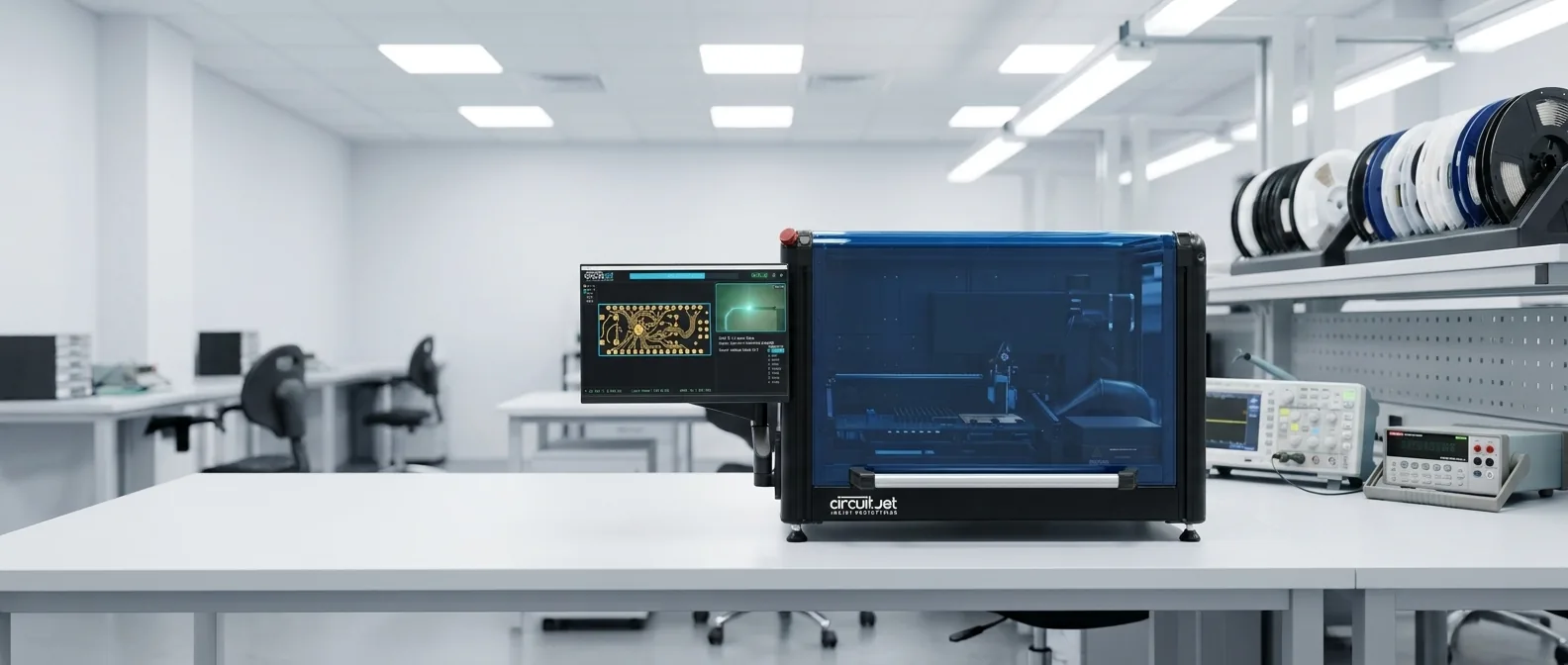 CircuitJet IV anchored on the right side of a bright production EE lab, with a swing-arm monitor showing a PCB layout and a wall of SMT component reels on the far right