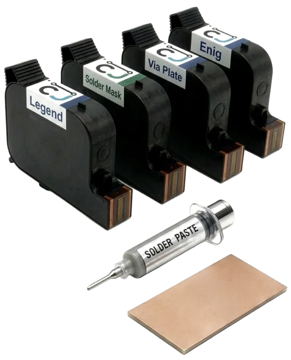 The CircuitJet IV consumables: four Electroninks inkjet cartridges (Legend, Solder Mask, Via Plate, ENIG), a solder paste syringe, and two copper-clad FR4 substrates